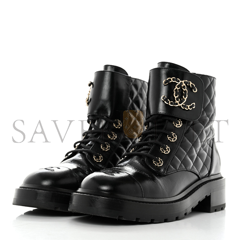 CHANEL SHINY CALFSKIN QUILTED LACE UP COMBAT BOOTS 